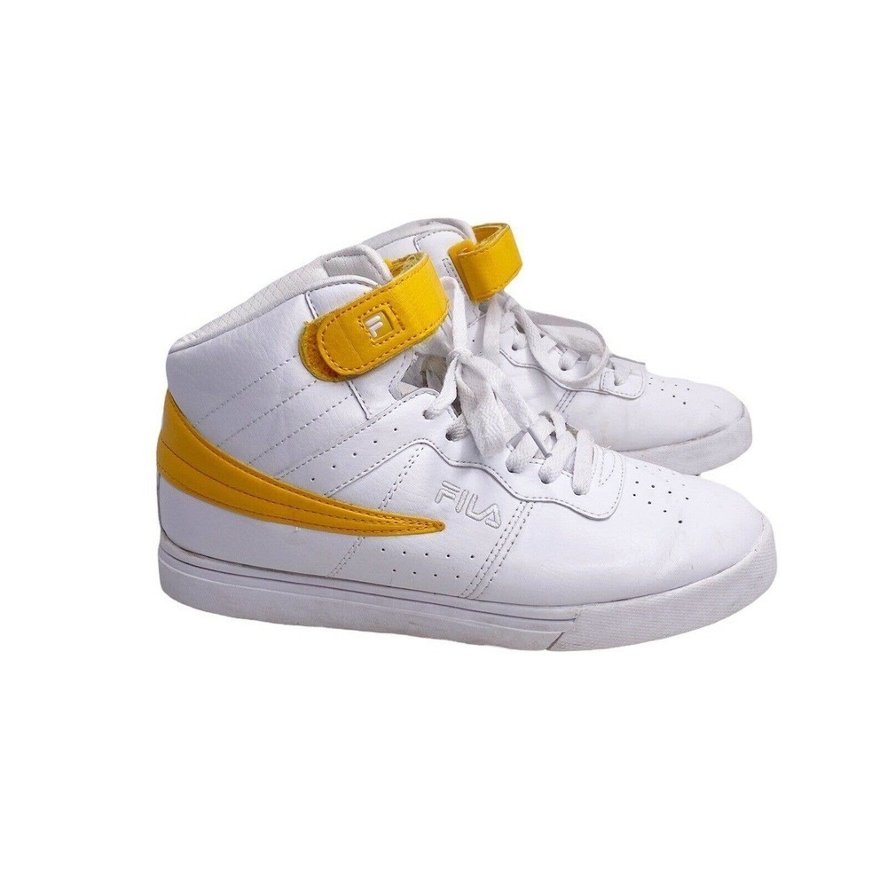 FILA Vulc 13 Faux Leather Mens Sz 6 White Yellow Shoes Sneakers High Top